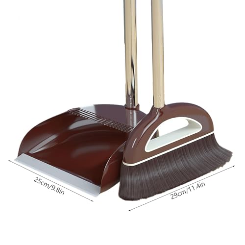 Broom and Dustpan Set, Long Handle Broom with Stand Up Dustpan Combo Set, Light Weight Stainless Steel Poles Stand Upright Dustpans and Broom Set, Broom with Dustpan for Home Kitchen Room - color: Coffee