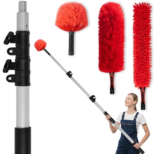 4 FT Duster with Extension Pole, 8 FT High Reach Ceiling Fan Cleaner Duster for Home, 2.5-4 FT Extendable Pole with 3 Pcs Dusting Tools, Cobweb Duster, Feather Dusters, Ceiling Fan Duster - size: 4 FT