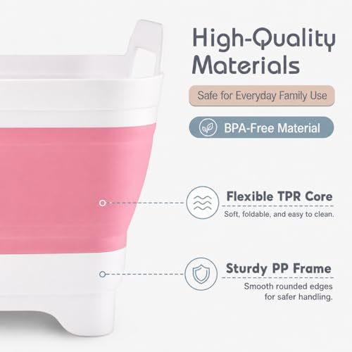 2.4 Gal(9L) Collapsible Dish Basin with Drain Plug, Space Saving Outdoor Multiuse Foldable Sink Tub, Dishpan, Kitchen Storage Tray for Camping, Vegetable Washing, RV (Pink) - color: Pink