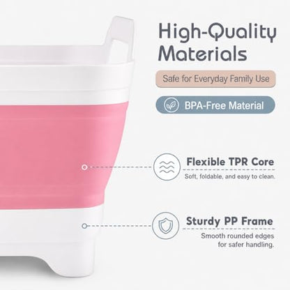 2.4 Gal(9L) Collapsible Dish Basin with Drain Plug, Space Saving Outdoor Multiuse Foldable Sink Tub, Dishpan, Kitchen Storage Tray for Camping, Vegetable Washing, RV (Pink) - color: Pink