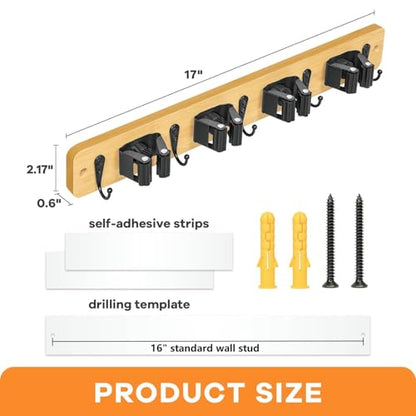 IMILLET Mop and Broom Holder Wall Mount, Bamboo Broom Hanger with 4 Racks and 5 Hooks, Laundry Room Decor, Self Adhesive Over the Door Broom Organizer, Wall Organizer for Home Garage Closet (1 Pack) - style: Bamboo-4 Slots