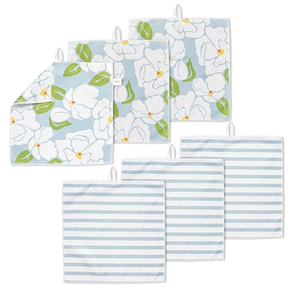 ELYN Microfiber Kitchen Dish Cloth Set, Quick-Dry & Absorbent Waffle Weave Cleaning Towels, Set of 6 Wash Cloths, Paper Towels & Sponge Alternative (Magnolias & Stripe) - color: Magnolias & Stripe, style: Dish Cloth - 6 Pack