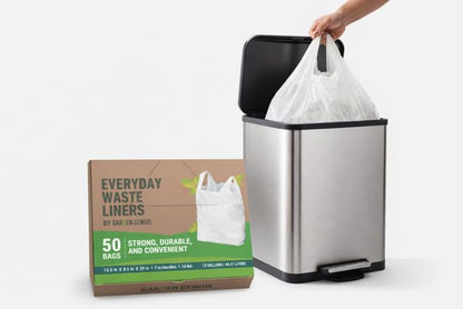 Biodegradable 13 Gallon White Kitchen Trash Bags with Ergonomic Handles (50 Pack) - Extra Strong, Leak-Proof & Thick 1.18 Mil - 15% Thicker Than Most - Fits Standard 13 Gal Cans - Eco-Friendly D2W - style: 13 Gallon with Handles