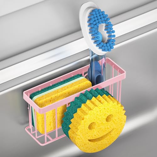 MURLONG Sponge Holder Smiley Face,Sink Caddy,Sink Organizer with 2 Suction Cups/1 Adhesive Strips,Designed for Sponge,Soap,Dish Brush,Scrubber - Pink - color: Pink