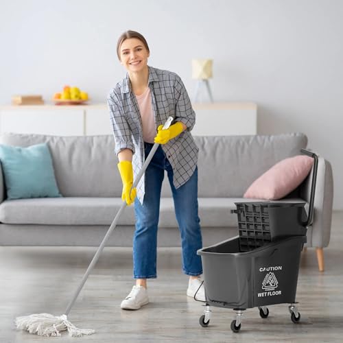 38 Quart Mop Bucket with Down Press Wringer on Wheels, Rolling Floor Cleaning Bucket with Handle, Commercial Cleaning System (Yellow) (Black) - color: Black