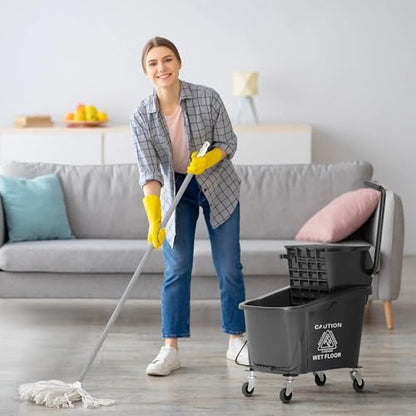 38 Quart Mop Bucket with Down Press Wringer on Wheels, Rolling Floor Cleaning Bucket with Handle, Commercial Cleaning System (Yellow) (Black) - color: Black