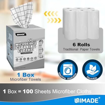 UNIMADE Microfiber Cleaning Cloths, 100 Sheets Reusable Kitchen Towels & Dish Cloths, Lint-Free Absorbent Cleaning Rags, Bulk Kitchen Cleaning Cloths for Household & Restaurant, 11" x 9", Grid Pattern - color: Brid Pattern
