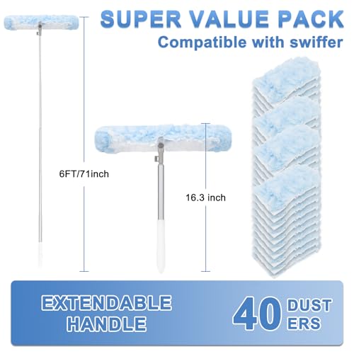 KeFanta Duster Refill Kit with 6 ft Super Extendable Handle Compatible with Swiffer, 360° Disposable Microfiber Dusting Pads for Home Cleaning, Ceiling, Fan, Window, Hard-to-Reach Areas，40Pcs - size: 40 Count+ 6FT Extended Handle