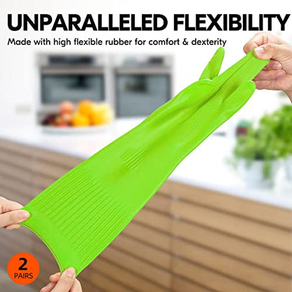 Vgo 2-Pairs Dishwashing Gloves, Reusable Household Gloves, Long Sleeve, Thick Latex, Cleaning, Washing, Working, Painting, Gardening, Pet Care (Size L, Green, RB2143)