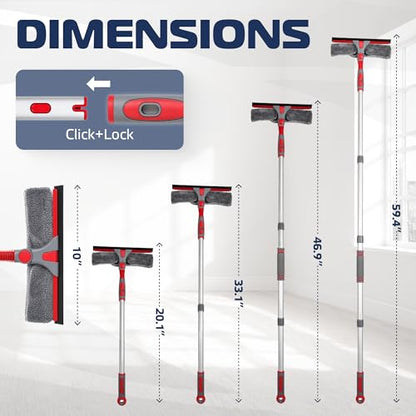 DSV Standard 2-in-1 Window Cleaning Squeegee Kit with 60’’ Extension Pole, Rotatable Bendable Head, Microfiber & Chenille Pads, Window Cleaner Tool for Indoor/Outdoor, High Windows, Shower and Car
