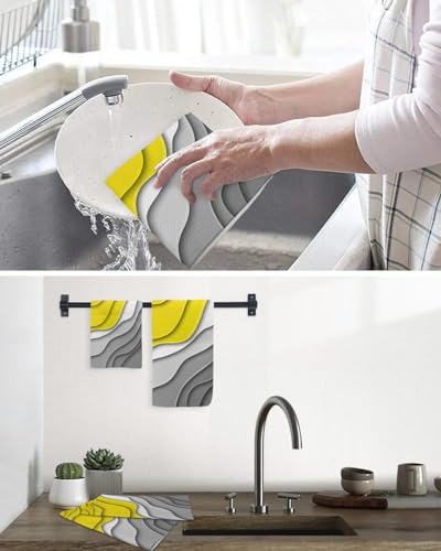 Geometric Hand Towels Set,Waffle Weave Kitchen Towels 2 Pieces,Microfiber Hair Face Bath Tea Towel Absorbent Quick Drying Cleaning Dish Cloths,Modern Ombre Yellow Grey Abstract Art White 15.7"x23.6" - color: Yellow, size: 2PCS,15.7"x23.6"