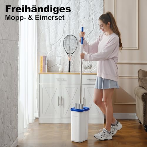 Mop and Bucket Set, Mops for Floor Cleaning with 60" Long Handle, Squeeze Flat Mop and Bucket System, Dry & Wet Dust Mop for Household Floor Cleaning with 5 Microfiber Mops, Slate Blue - size: Mop System (Blue) - 60" Handle - 5 Total Pads