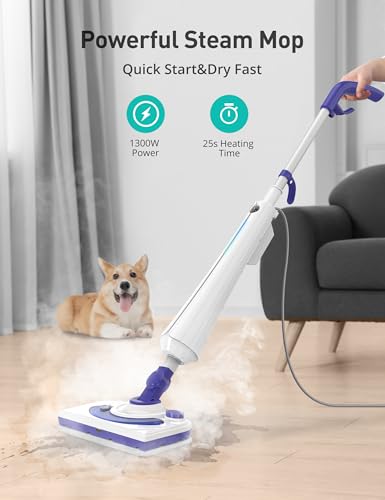 Aspiron Professional Steam Mop Cleaner, 1300W Floor Steamer with Detergent Chamber, 25S Heat Up, Lightweight Steamer for Cleaning with 2 Washable Pads, Safe for Tiles, Upholstery, Hardwood, White
