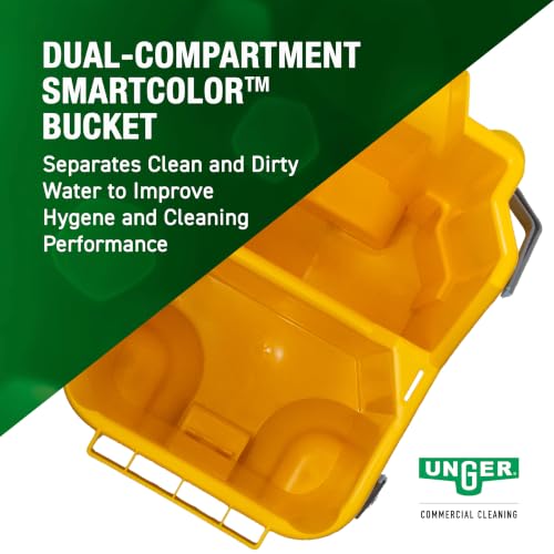 Unger Commercial 8-Gallon Dual-Compartment Mop Bucket with Side Press Wringer – Yellow, Ergonomic Design for Efficient Floor Cleaning COMBY