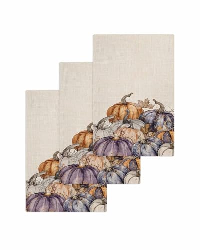 Purple Pumpkins Hand Towels Set,Waffle Weave Kitchen Towels 3 Pieces,Microfiber Hair Face Bath Tea Towel Absorbent Quick Drying Cleaning Dish Cloths,Fall Thanksgiving Vintage Maple Leaves 15.7"x23.6" - color: Purple Orange Natural Beige, size: 3PCS,15.7"x