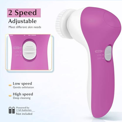 COSLUS Facial Cleansing Brush Silicone Face Scrubber: 2 in1 FBS-D Electric Exfoliating Device Waterproof Deep Cleaning Exfoliation Rotating Spa Machine - Electronic Skincare Wash Spinning System - color: Bright Rose, size: With 2 brush heads