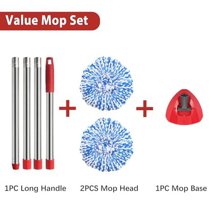 Spin Mop Set Compatible with O Cedar Rinse Clean 2-Tank System, Include 2 Blue Mop Heads Replacements, 1 Base, 1 Mop Handle (30-58in) Combo, Microfiber Spin Mop Replacement Head Replacement