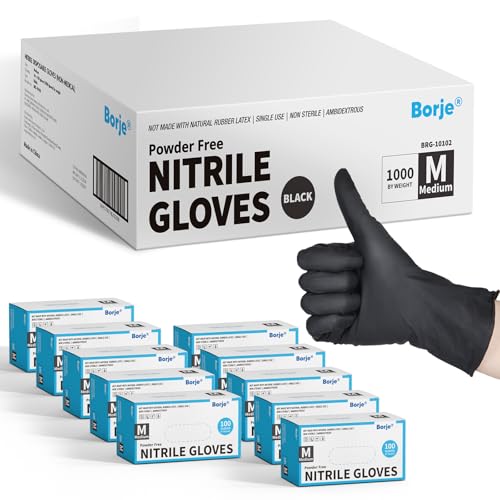 Borje Nitrile Gloves Medium, 1000 Count Disposable Gloves, Black, Latex-Free Powder-Free, Medical Exam, Food Safe, Cleaning, Cooking - size: Medium, style: Black of 1000