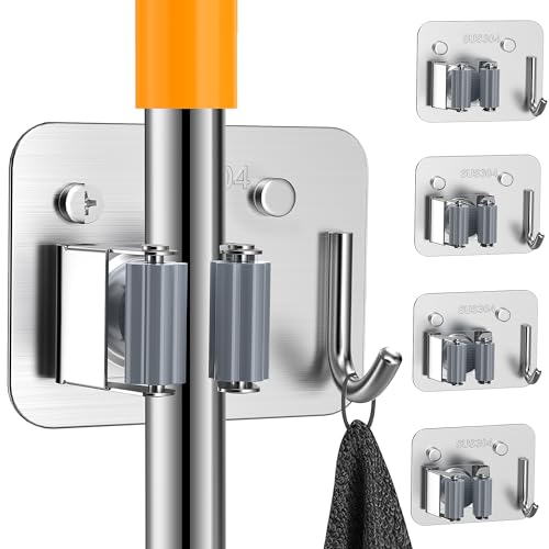 4 Pack Stainless Steel Mop and Broom Holder Wall Mount with Hook, Screw Drilling Mop and Broom Hanger, Single Heavy Duty Storage Rack for Laundry Garage Closet Garden Tool Organizer, Silver - color: C-Sliver, size: 4PCS Gripper