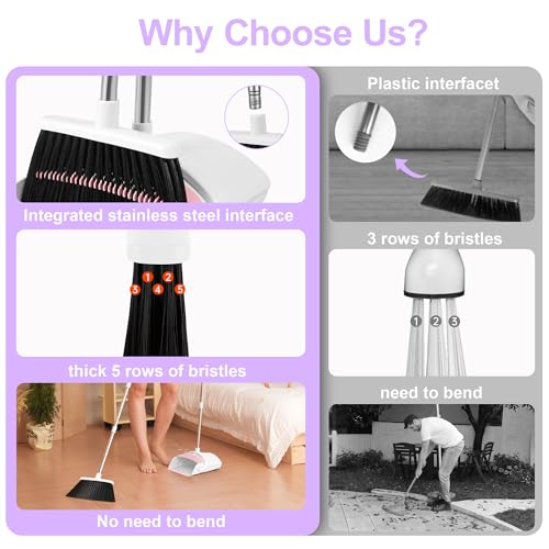 Broom with Dustpan Combo Set for Home, 52-in Long Adjustable Handle Angle Broom and Dustpan Set with Dustpan Comb Teeth for Sweeping Pet Hair Food Dirt Kitchen (White-Purple) - color: White-purple