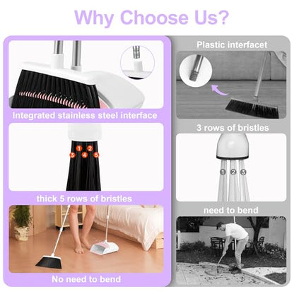 Broom with Dustpan Combo Set for Home, 52-in Long Adjustable Handle Angle Broom and Dustpan Set with Dustpan Comb Teeth for Sweeping Pet Hair Food Dirt Kitchen (White-Purple) - color: White-purple