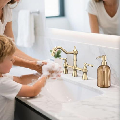 16 OZ Amber Glass Soap Dispenser, Amber Stripe Bathroom Hand Soap Dispensers with Stainless Steel Brushed Gold Pump,Brown Glass Kitchen Hand Soap Dispenser with Brushed Gold Pump,2 Packs - color: Brushed Gold + Amber, size: 2-Pack
