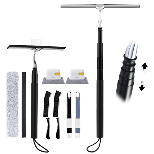 12-51’’ Telescopic Window Squeegee for High Windows, 2-in-1 Window Cleaning Kit with Extra Silicone Blade & Hook, Professional Squeegee for Shower Glass Doors (Window Squeegee Set)