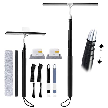 12-51’’ Telescopic Window Squeegee for High Windows, 2-in-1 Window Cleaning Kit with Extra Silicone Blade & Hook, Professional Squeegee for Shower Glass Doors (Window Squeegee Set)