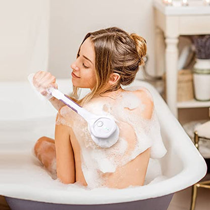 SoulBay Electric Body Brush with 5 Attachments: Rechargeable Back Brush IPX7 Long Handle Exfoliating Spin Scrubber for Shower Bathing Cleansing Wash Deep Cleaning