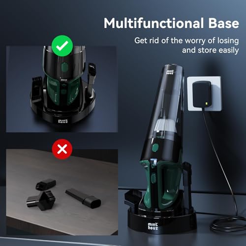 Minthouz Handheld Vacuum Cordless, Strong Suction Car Vacuum Cleaner with LED Light, Long Runtime Hand Vacuum Cordless Rechargeable, Hand Held Vac with Charging Base for Home/Car/Pet/Office