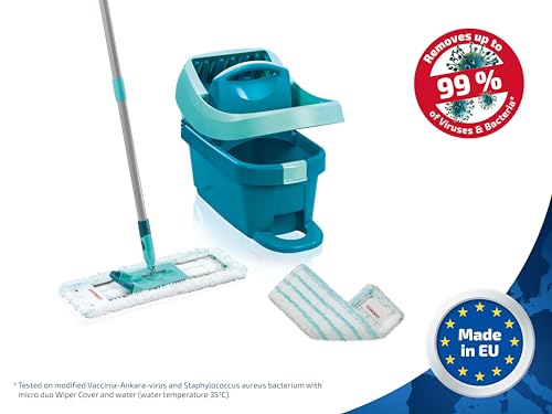 Leifheit Floor Cleaning Profi XL Mop and Bucket Set – 42 cm Microfibre Mop for Large Floors with 360° Joint, Foot-Pedal Wringing System, Heavy Duty 8 L Bucket, Easy Moist or Wet Cleaning, Turquoise - style: Set Mobile