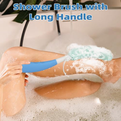 15.35" Back Bath Brush with Sponge,Back Scrubber Bath Mesh with Curved Long Handle Bath Body Brush for Elderly Aid Bathing and Shower - size: Pink+Blue Handle