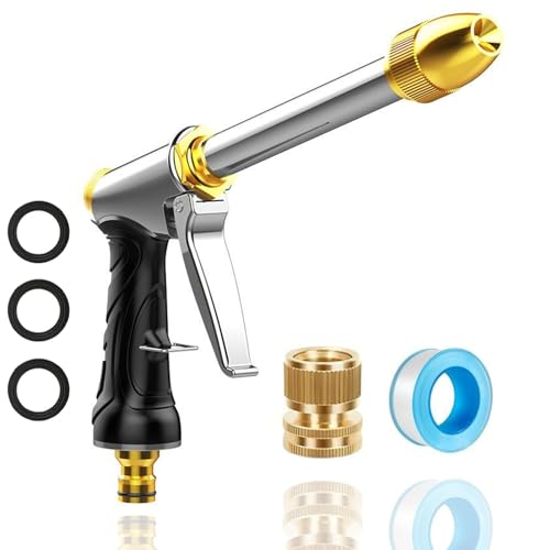 Heavy garden hose nozzle - adjustable spray mode high-pressure rotary spray gun, brass nozzle, anti slip grip and quick connector, suitable for lawn, plants, car washing, pets - size: 8.8*5.5*1.4