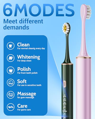 Aneebart Sonic 2 Pack Electric Toothbrush for Adults and Kids, Travel Toothbrush Includes 12 Replacement Toothbrush Heads, 6 Modes with 2 MIN Smart Timer - color: Green+purple