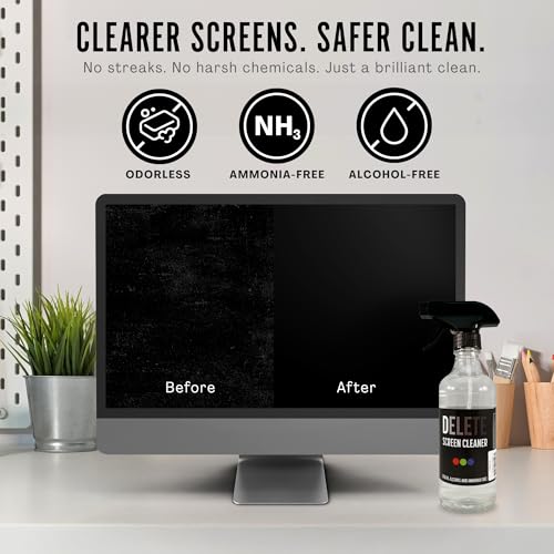 Delete Screen Cleaner Spray Kit, 16oz Bottle and 12"x12" Microfiber Cleaning Cloth, Streak-Free, Safe and Gentle Formula, Multi-Purpose for Devices, Large TVs, Computers, Monitors, Smart Phones - style: 16oz, 1 Pack
