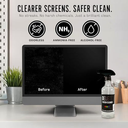 Delete Screen Cleaner Spray Kit, 16oz Bottle and 12"x12" Microfiber Cleaning Cloth, Streak-Free, Safe and Gentle Formula, Multi-Purpose for Devices, Large TVs, Computers, Monitors, Smart Phones - style: 16oz, 1 Pack