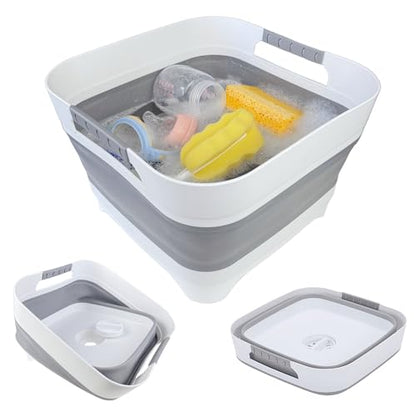 GIMWA 2.6 Gallon Collapsible Wash Basin - Large Capacity Portable Dish Tub with Drain Plug for Baby Bottles, RV Camping Kitchen, Space-Saving Foldable Sink (Gray) - color: Gray