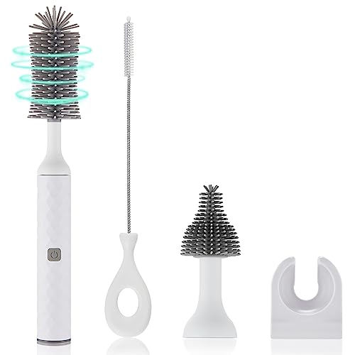 Rechargeable Electric Bottle Brush Cleaner Set, 360° High Speed Rotation Silicone Cleaning Brush with Bottle Brush, Pacifier Brush, Straw Brush, Perfect for Baby Bottle,Cup, Kitchen Utensils - color: White