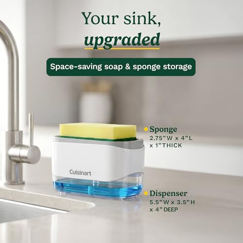 Cuisinart 2-in-1 Dish Soap Dispenser with Sponge Holder and Sponge for Kitchen Sink – Soap Pump Organizer Set with Tray, Countertop Caddy for Dishes, Dishwashing Liquid Dispenser, Sink Essentials - color: Gray/White