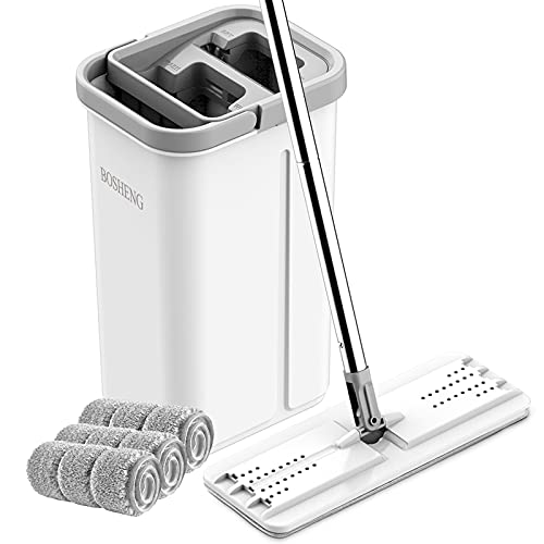 BOSHENG Mop and Bucket with Wringer Set, Hands Free Flat Floor Mop and Bucket, 3 Washable Microfiber Pads Included, Wet and Dry Use, Home Floor Cleaning System for All Floor Types and Windows - size: White Mop and Bucket Set with 3 Pads