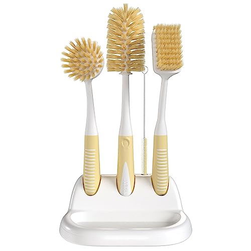 Dish Brush Set of 5 with Holder - Kitchen Scrub Brushes with Non-Slip Long Handle for Cleaning, Scrubber, Dishwashing, Dishes, Bottles, Straws, Cups, Pots & Sink, Baige - color: Baige, Set of 5 With Holder