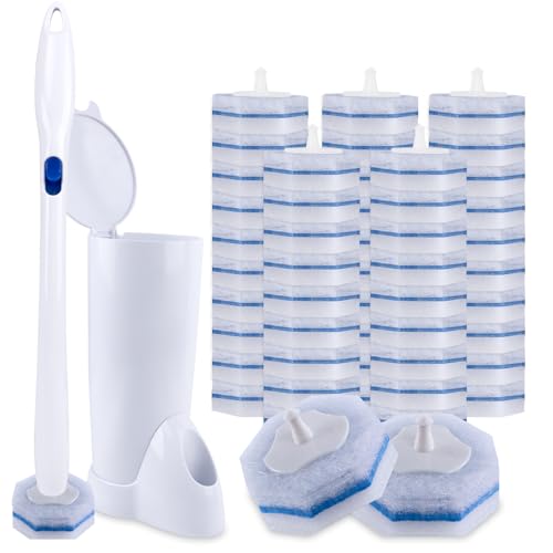 Upgraded Disposable Toilet Brush and Holder Set, 50 Toilet Wand Refills with Thickened Cleaning Layer, Won't Fall Apart, Large Opening Storage Caddy, Long Handle, for Home & Commercial Use