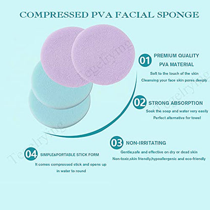 Facial Sponge Compressed,60 Pcs PVA Professional Makeup Removal Wash Round Face Sponges Spa Pads Exfoliating Cleansing for Women,Blue,Purple - color: Blue,Purple