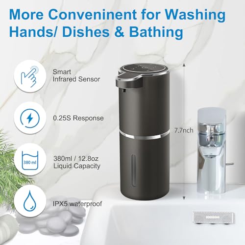 Automatic Foaming Soap Dispenser,4-Level Adjustable Foam, Wall Mount, USB Rechargeable,12.8oz/ 380ml,Touchless Hand & Dish Soap Dispenser for Bathroom, Kitchen,Hotel, Restaurant - color: Metallic Grey Black, style: Foam