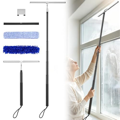 Shower Squeegee for Glass Doors, 2-in-1 Professional Window Cleaner Tool with Extension Pole, 14" Wide Window Washing Equipment for High Outside Glass, Solar Panels, Shower & Car Windshield