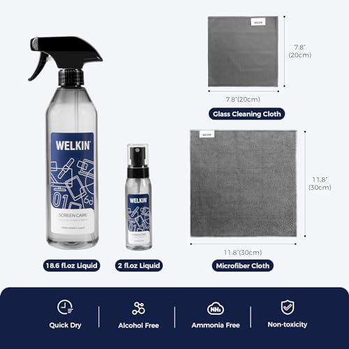 WELKIN Screen Cleaner Spray Kit (550ml + 60ml) - Cleaning Mist for TV, Laptop, Computer, Phone Touchscreen - 2 Sprayers，1 Microfiber Cloth & 1 Glass Wipe Included - size: Mist Kit