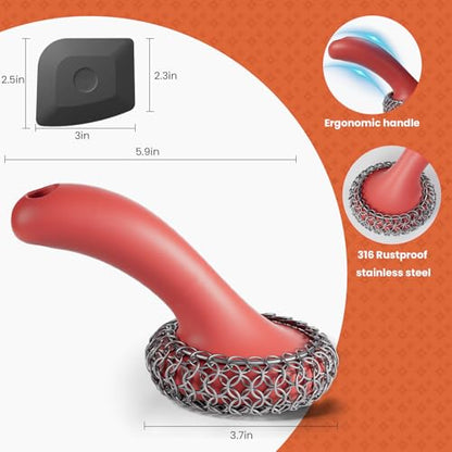 Cast Iron Scrubber with Long Handle | 316 Cast Iron Cleaner Chainmail Scrubber for Cast Iron Pan Skillet Cleaner - Dish Scouring Pad Dishwasher Safe Cleaning Kit (Red, 1 Scrubber + 1 Scraper) - color: Red, 1 Scrubber + 1 Scraper