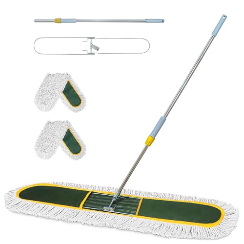48-Inch Commercial Dust Mop for Hardwood Floors, Large Dry Mop with 2 Pcs Reusable Cotton Yarn Head, Telescopic Stainless Steel Handle - Ideal for Industrial Floor Cleaning, Marble, - color: Green