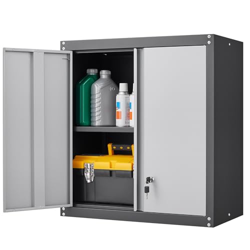GREATMEET 28" H Lockable Metal Garage Storage Cabinets, Metal Cabinet Storage, Garage Wall Cabinet with Doors and Shelves, Hanging Floating, Grey&Black - color: Grey, size: 27.95"H