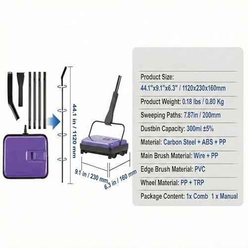 Manual Carpet Sweeper, Electric-Free Quiet Floor Sweeper with 300ml Easy-Empty Dustbin, 6.7” Cleaning Width for Pet Hair, Crumbs, Dust on Carpets, Hardwood, Tile - Home & Office Use (Purple) - color: Purple
